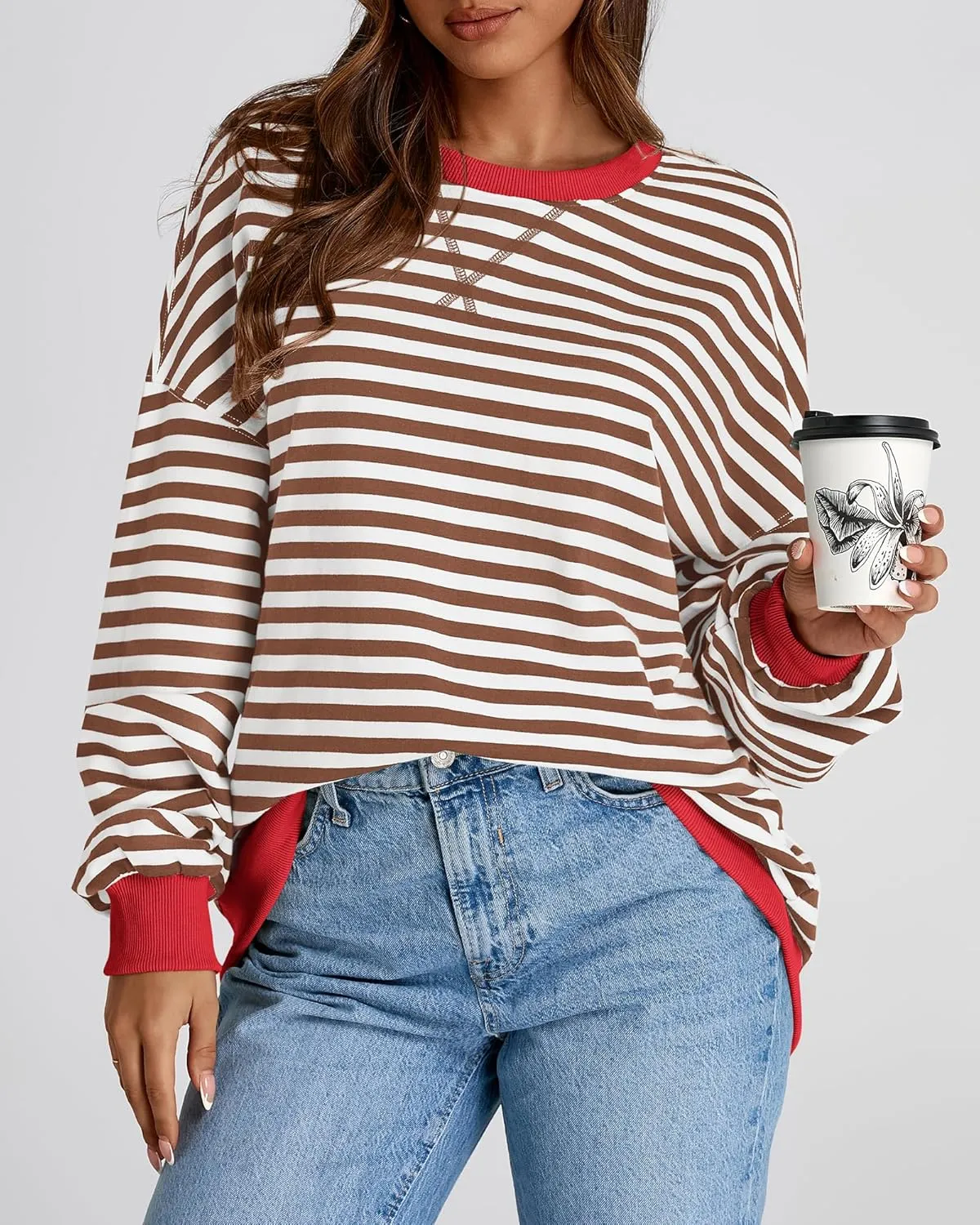 BTFBM Womens Striped Pullover Tops Spring Fall Clothes 2025 Long Sleeve Shirts Trendy Crew Neck Loose Y2K Sweatshirts