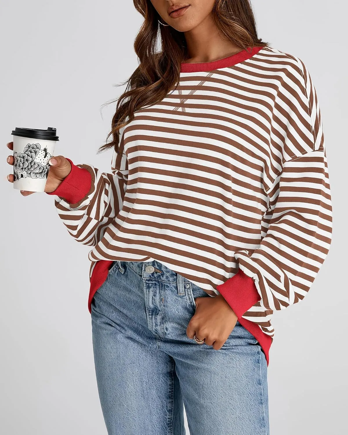 BTFBM Womens Striped Pullover Tops Spring Fall Clothes 2025 Long Sleeve Shirts Trendy Crew Neck Loose Y2K Sweatshirts