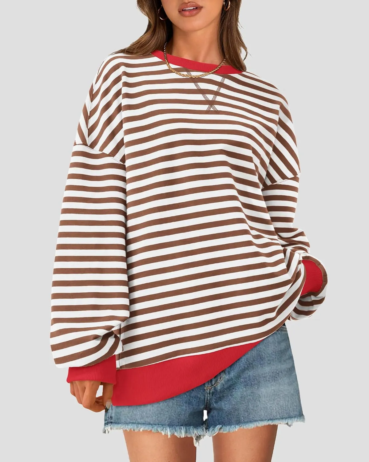 BTFBM Womens Striped Pullover Tops Spring Fall Clothes 2025 Long Sleeve Shirts Trendy Crew Neck Loose Y2K Sweatshirts