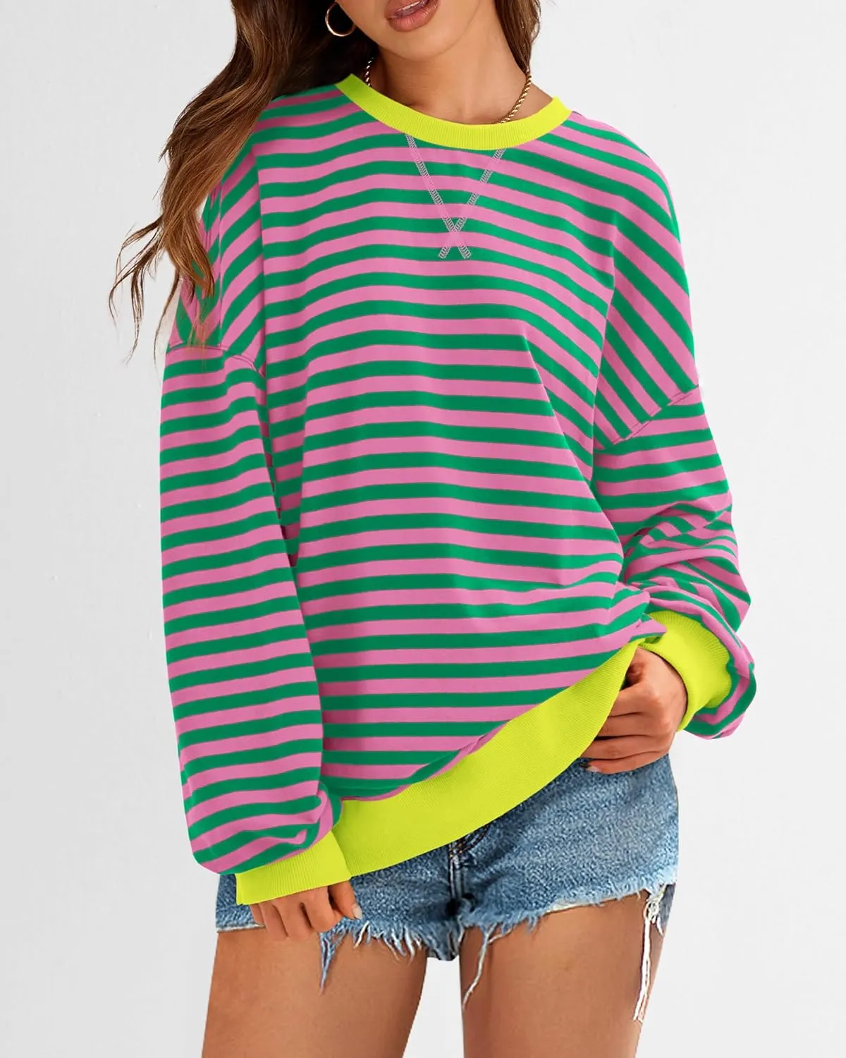 BTFBM Womens Striped Pullover Tops Spring Fall Clothes 2025 Long Sleeve Shirts Trendy Crew Neck Loose Y2K Sweatshirts