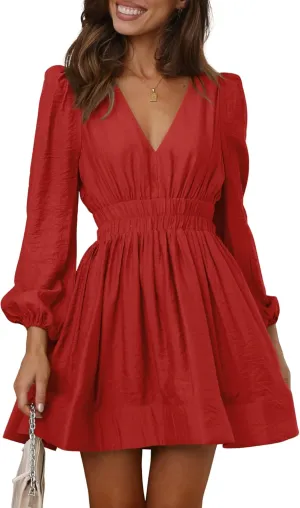 BWQ Women Mini Dress Long Sleeve Deep V Sexy Dress A-line Elastic High Waisted Flowy Dress
