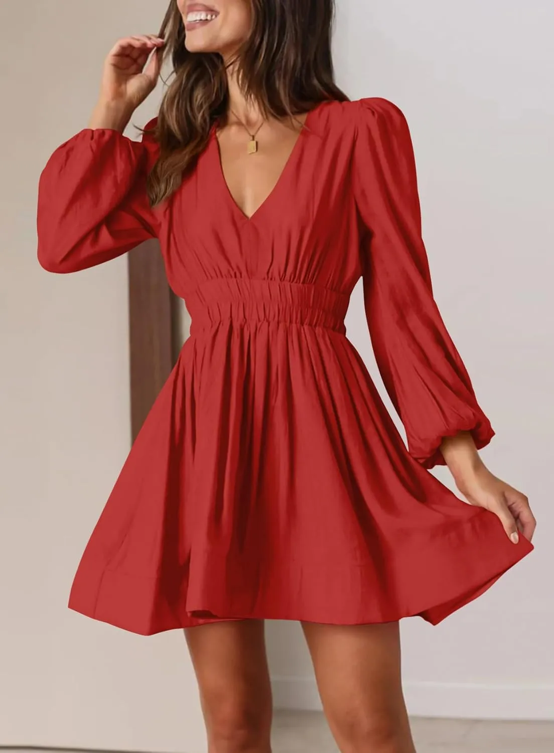 BWQ Women Mini Dress Long Sleeve Deep V Sexy Dress A-line Elastic High Waisted Flowy Dress
