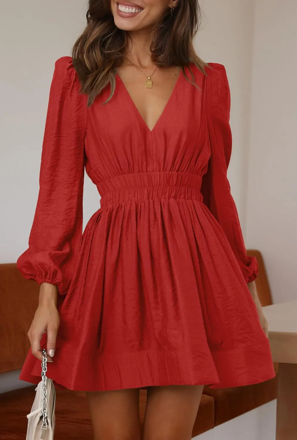 BWQ Women Mini Dress Long Sleeve Deep V Sexy Dress A-line Elastic High Waisted Flowy Dress