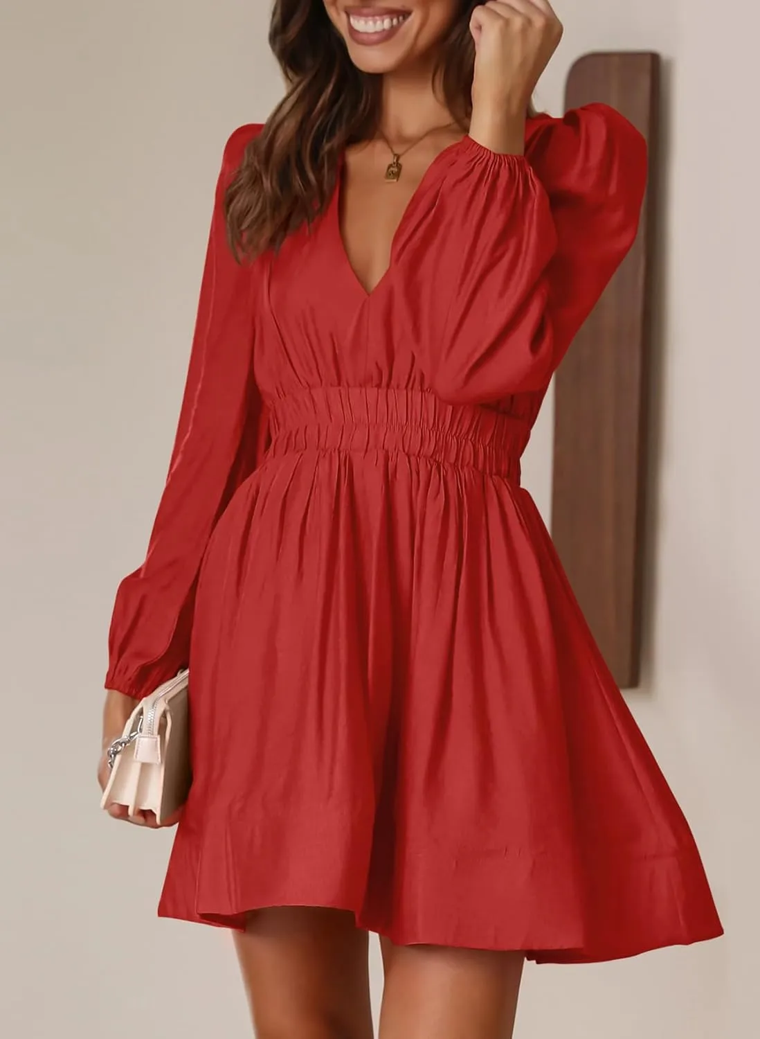 BWQ Women Mini Dress Long Sleeve Deep V Sexy Dress A-line Elastic High Waisted Flowy Dress