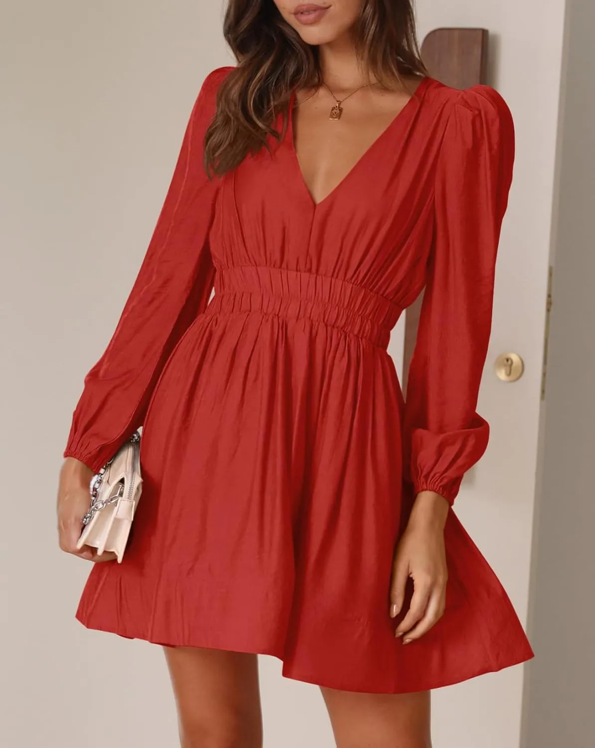BWQ Women Mini Dress Long Sleeve Deep V Sexy Dress A-line Elastic High Waisted Flowy Dress