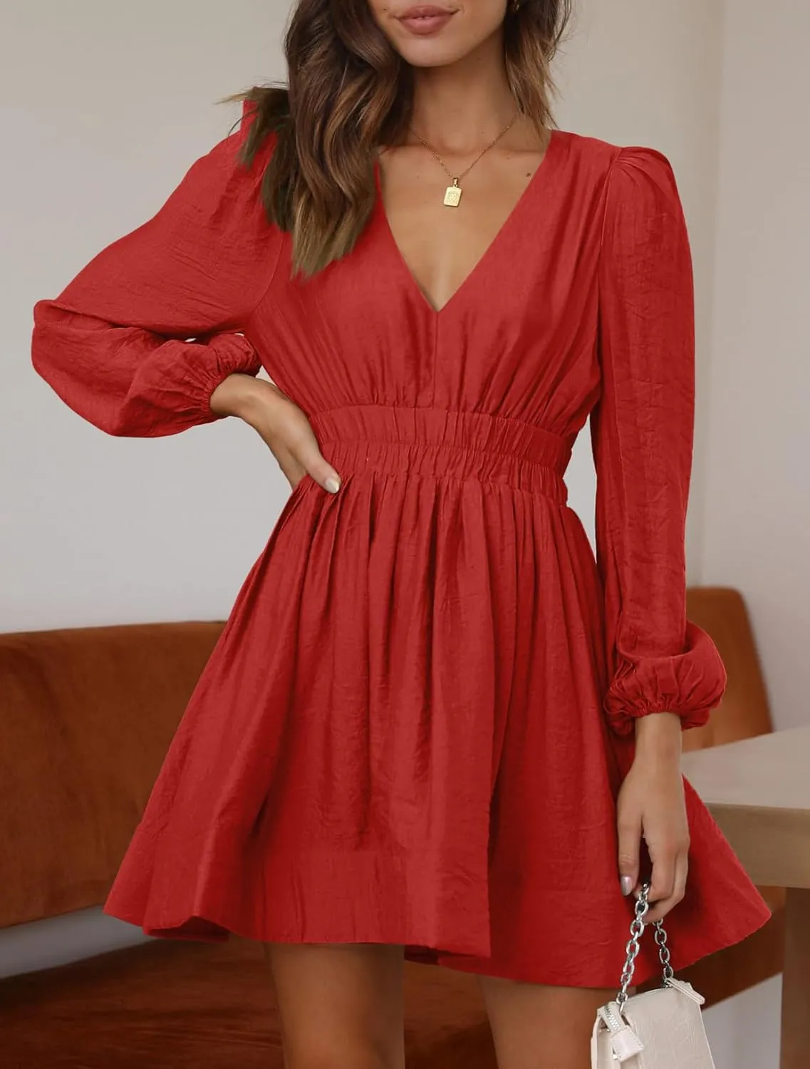 BWQ Women Mini Dress Long Sleeve Deep V Sexy Dress A-line Elastic High Waisted Flowy Dress