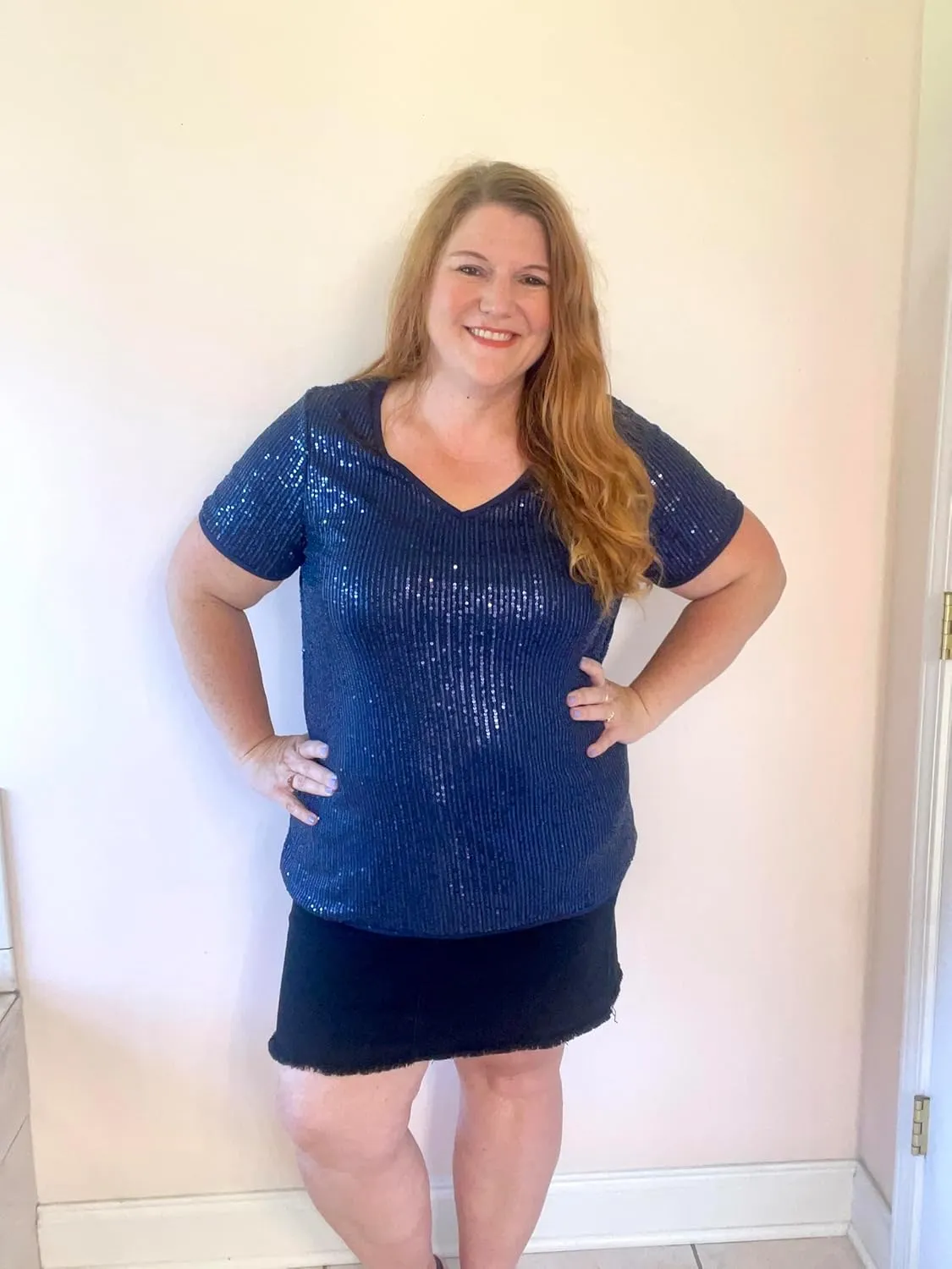CARCOS Plus Size Sequin Top for Women Short Sleeve Party Blouse Evening Sparkle Shimmer V Neck Glitter Shirt Ladies XL-5XL