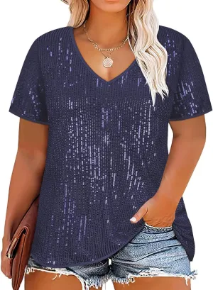 CARCOS Plus Size Sequin Top for Women Short Sleeve Party Blouse Evening Sparkle Shimmer V Neck Glitter Shirt Ladies XL-5XL