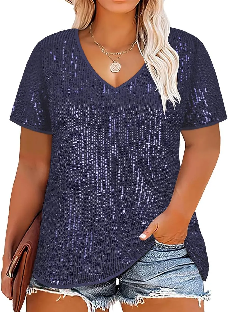 CARCOS Plus Size Sequin Top for Women Short Sleeve Party Blouse Evening Sparkle Shimmer V Neck Glitter Shirt Ladies XL-5XL