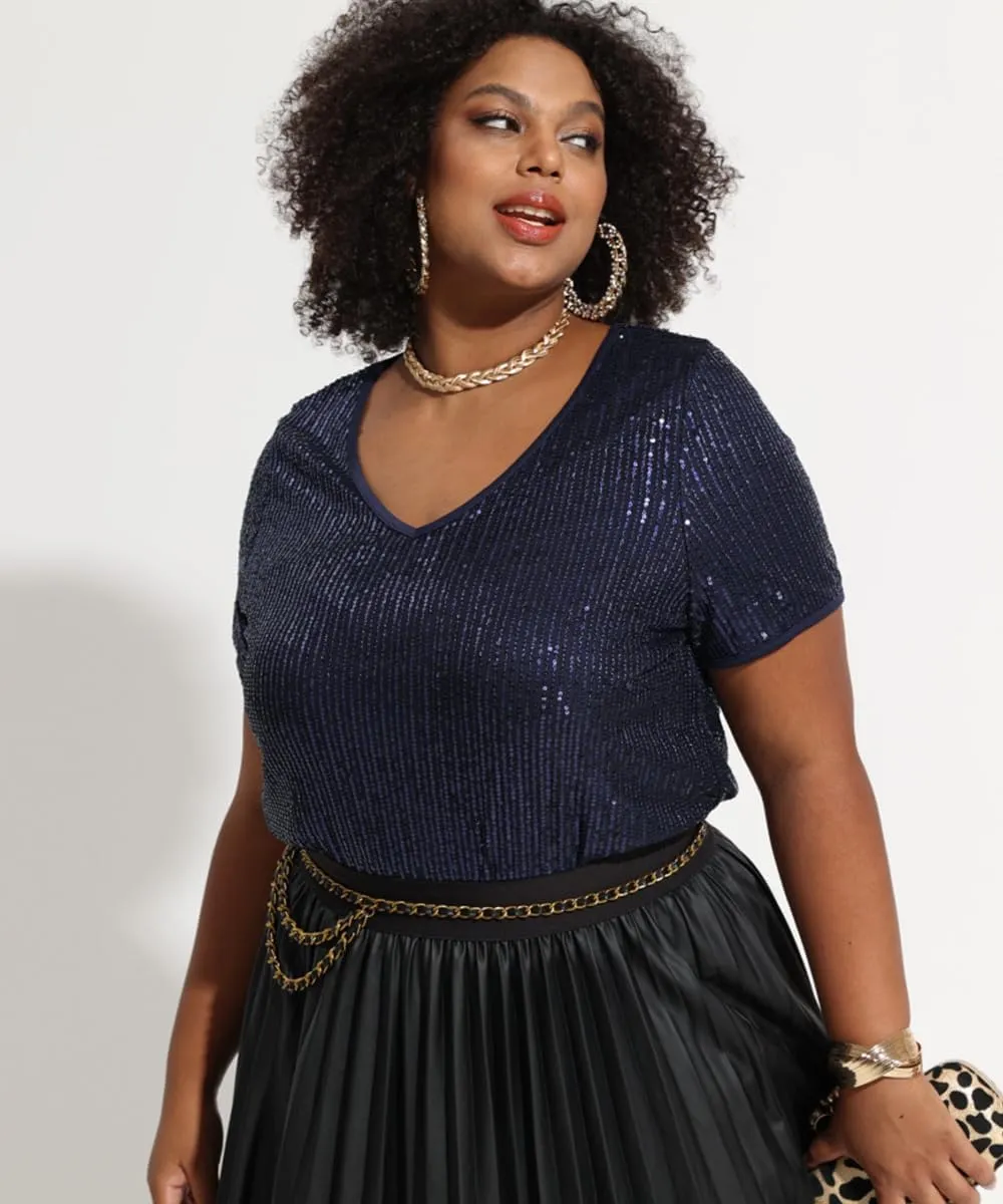 CARCOS Plus Size Sequin Top for Women Short Sleeve Party Blouse Evening Sparkle Shimmer V Neck Glitter Shirt Ladies XL-5XL