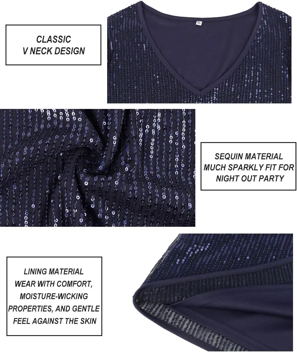 CARCOS Plus Size Sequin Top for Women Short Sleeve Party Blouse Evening Sparkle Shimmer V Neck Glitter Shirt Ladies XL-5XL