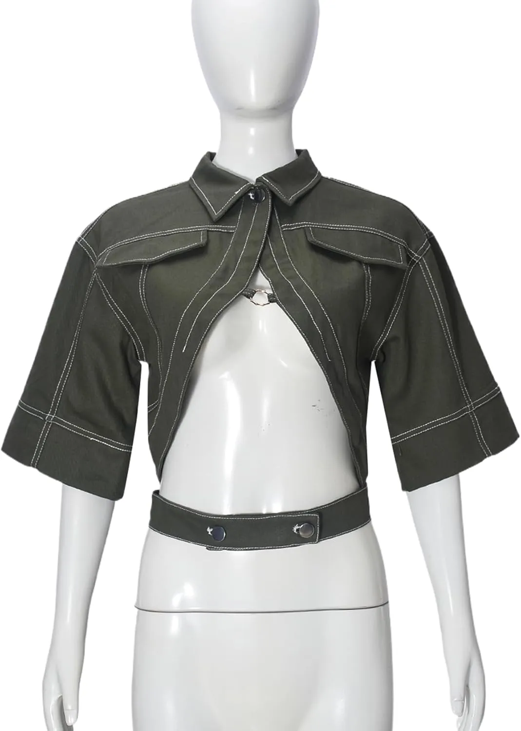 Casual Cropped Jacket Women Fall Fashion Short Sleeve Lace-up Coat Trendy Hollow Out Women's Clothes