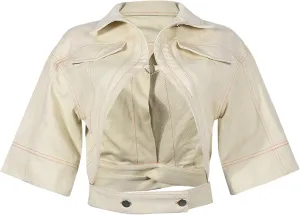 Casual Cropped Jacket Women Fall Fashion Short Sleeve Lace-up Coat Trendy Hollow Out Women's Clothes
