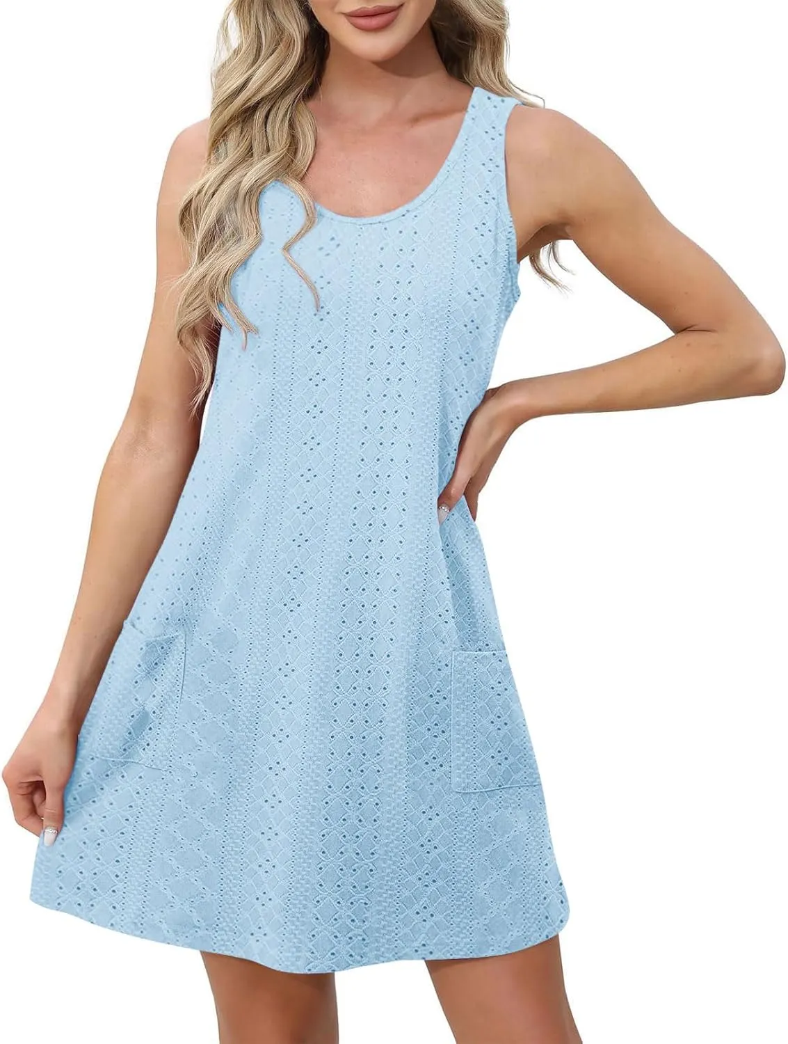 Casual Eyelet Dresses for Women Sleeveless Flowy Tank Dress with Pocket Summer Beach Sundress Vacation Outfits 2025