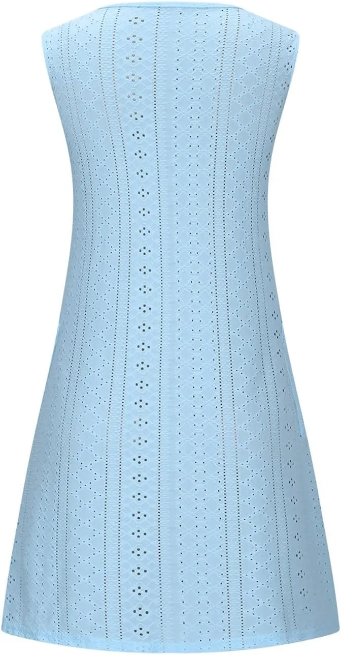 Casual Eyelet Dresses for Women Sleeveless Flowy Tank Dress with Pocket Summer Beach Sundress Vacation Outfits 2025