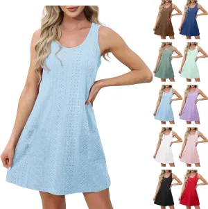 Casual Eyelet Dresses for Women Sleeveless Flowy Tank Dress with Pocket Summer Beach Sundress Vacation Outfits 2025