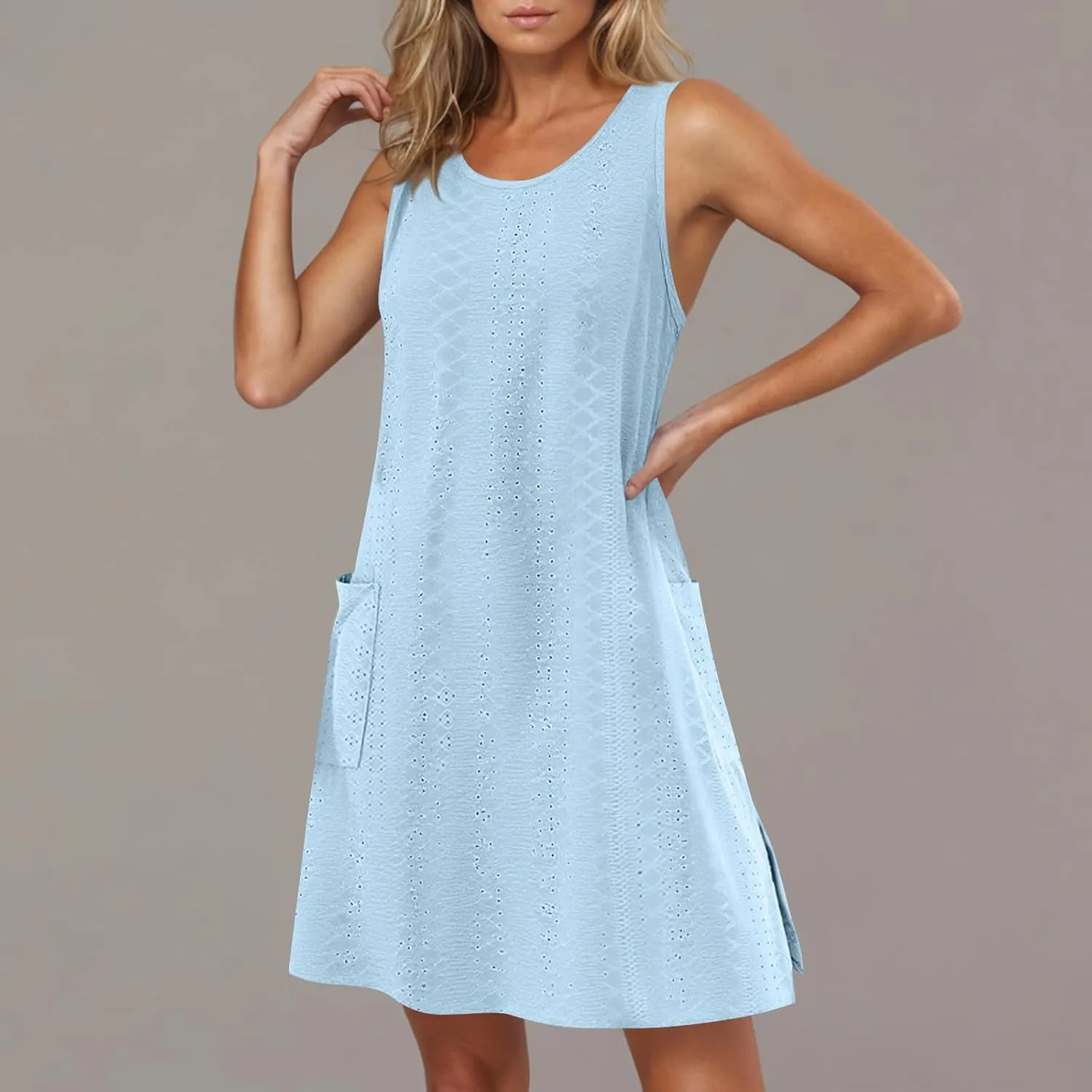 Casual Eyelet Dresses for Women Sleeveless Flowy Tank Dress with Pocket Summer Beach Sundress Vacation Outfits 2025