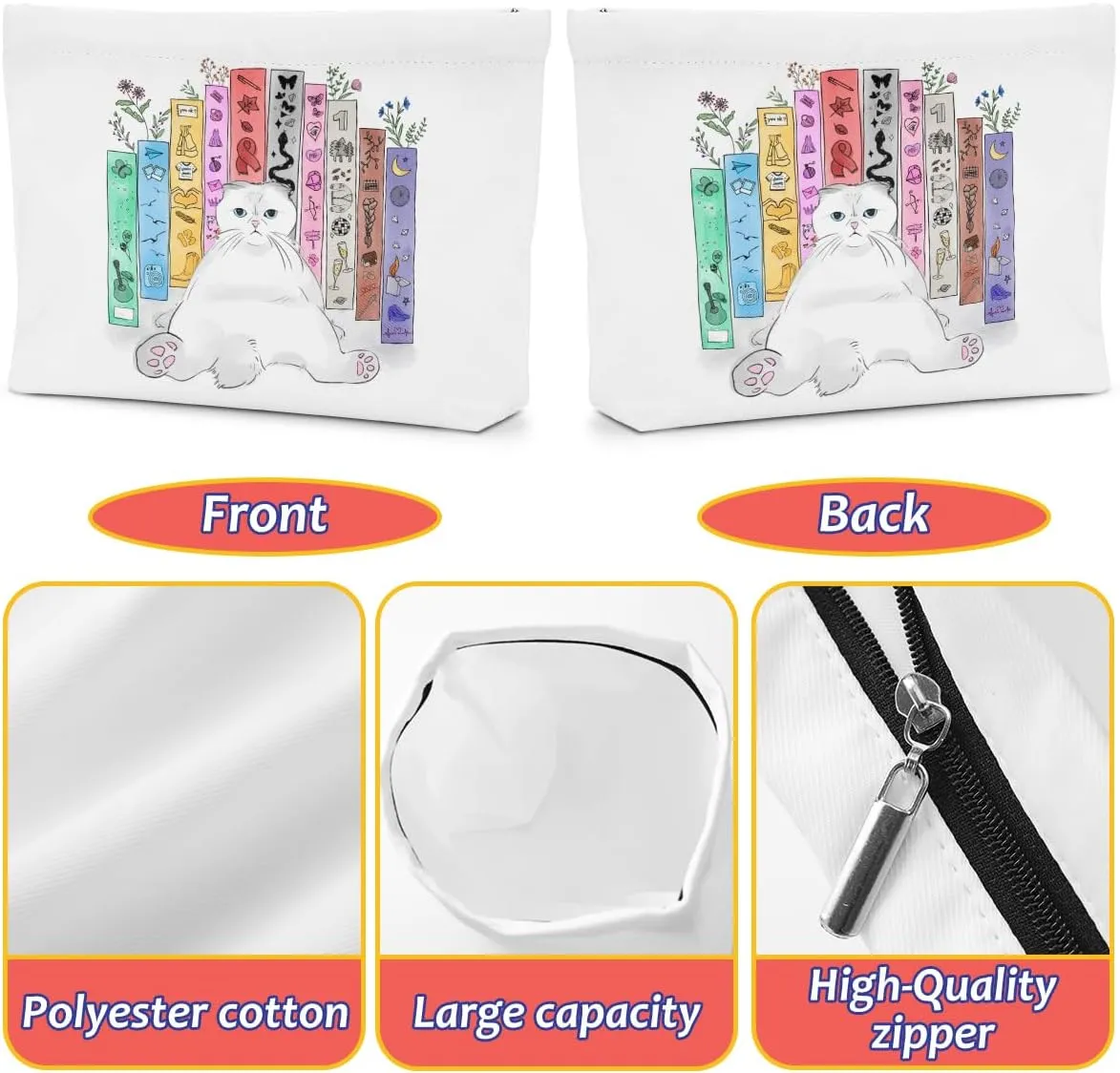 Cat Gifts for Cat Lovers Cute Cat Makeup Bag Book Lovers Gifts Inspired Music Lover Gifts Singer Merch for Women Daughter Cat Mom Cat Lady Bookish Book Club Gifts Birthday Graduation Cosmetic Bag