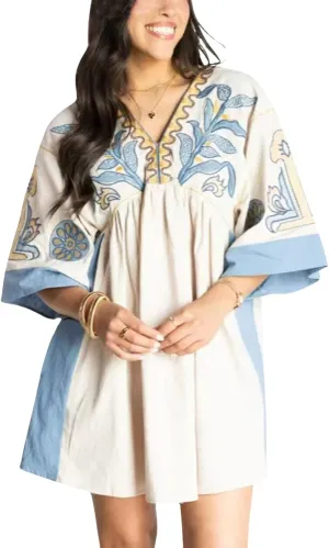 CHARTOU Women's Boho Linen Short Dress Baggy Bat-Sleeve Babydoll Mini Dress Floral V Neck Beach Sun Dresses