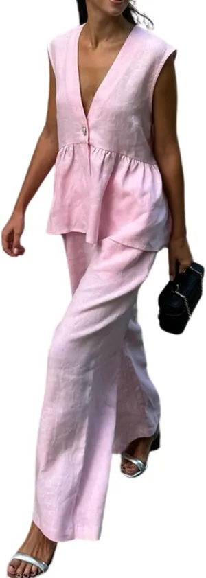 CHARTOU Women's Cotton Pants Sets 2 Piece Outfits V Neck Button Vest Wide Leg Palazzo Casual Work Suits