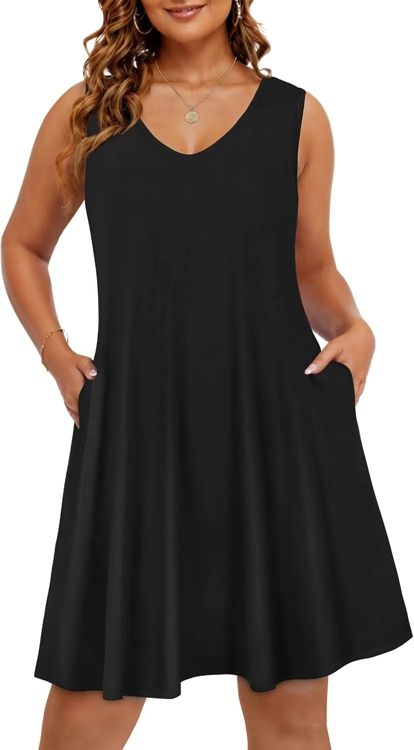 CHICGAL Womens Summer Dresses Casual Sleeveless Loose T Shirt V Neck Sundress Swing Beach Cover Up with Pockets