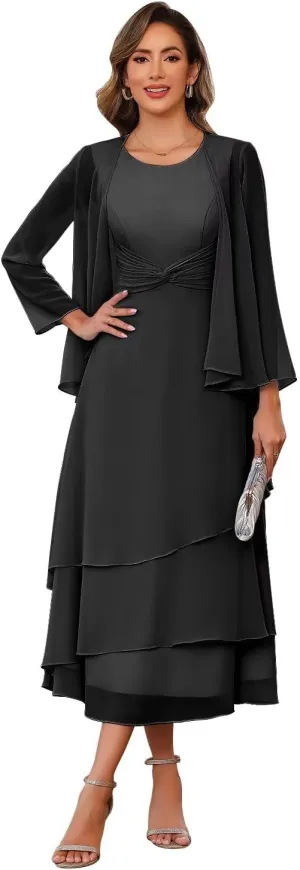 Chiffon Mother of The Bride Dresses Tea Length Chiffon Formal Dresses with Jackets A Line Cocktail Party Gowns XOD0405
