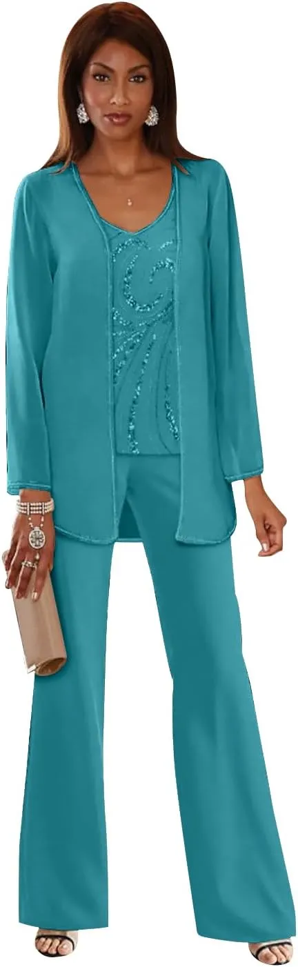 Chiffon Mother of The Bride Pant Suits for Women Sequins Wedding Party Dress with Jackets Formal Outfits MIS089