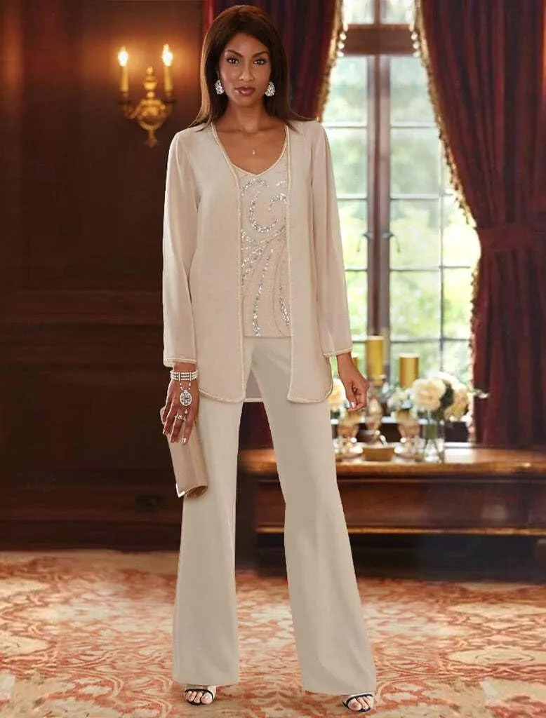 Chiffon Mother of The Bride Pant Suits for Women Sequins Wedding Party Dress with Jackets Formal Outfits MIS089