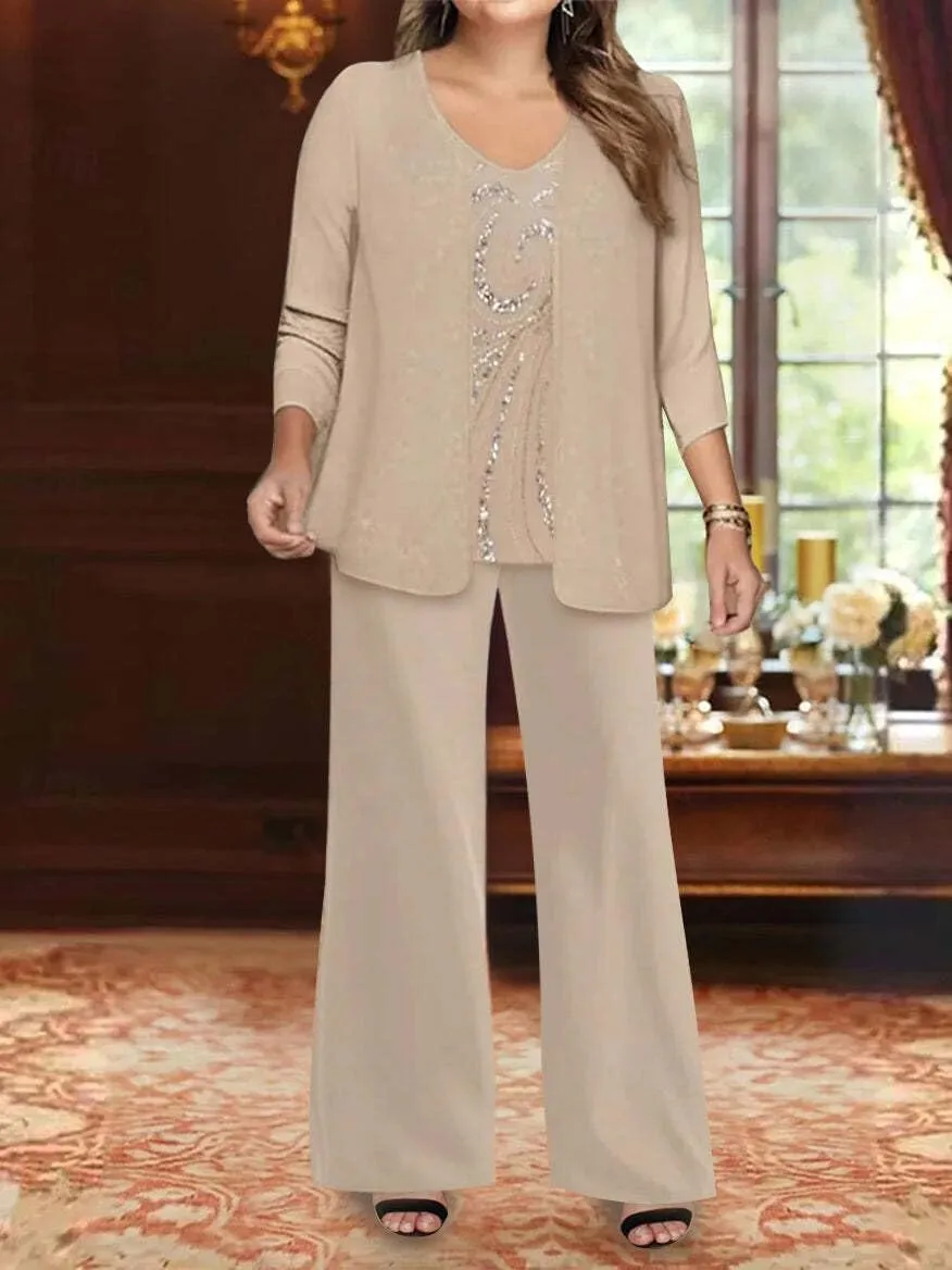 Chiffon Mother of The Bride Pant Suits for Women Sequins Wedding Party Dress with Jackets Formal Outfits MIS089
