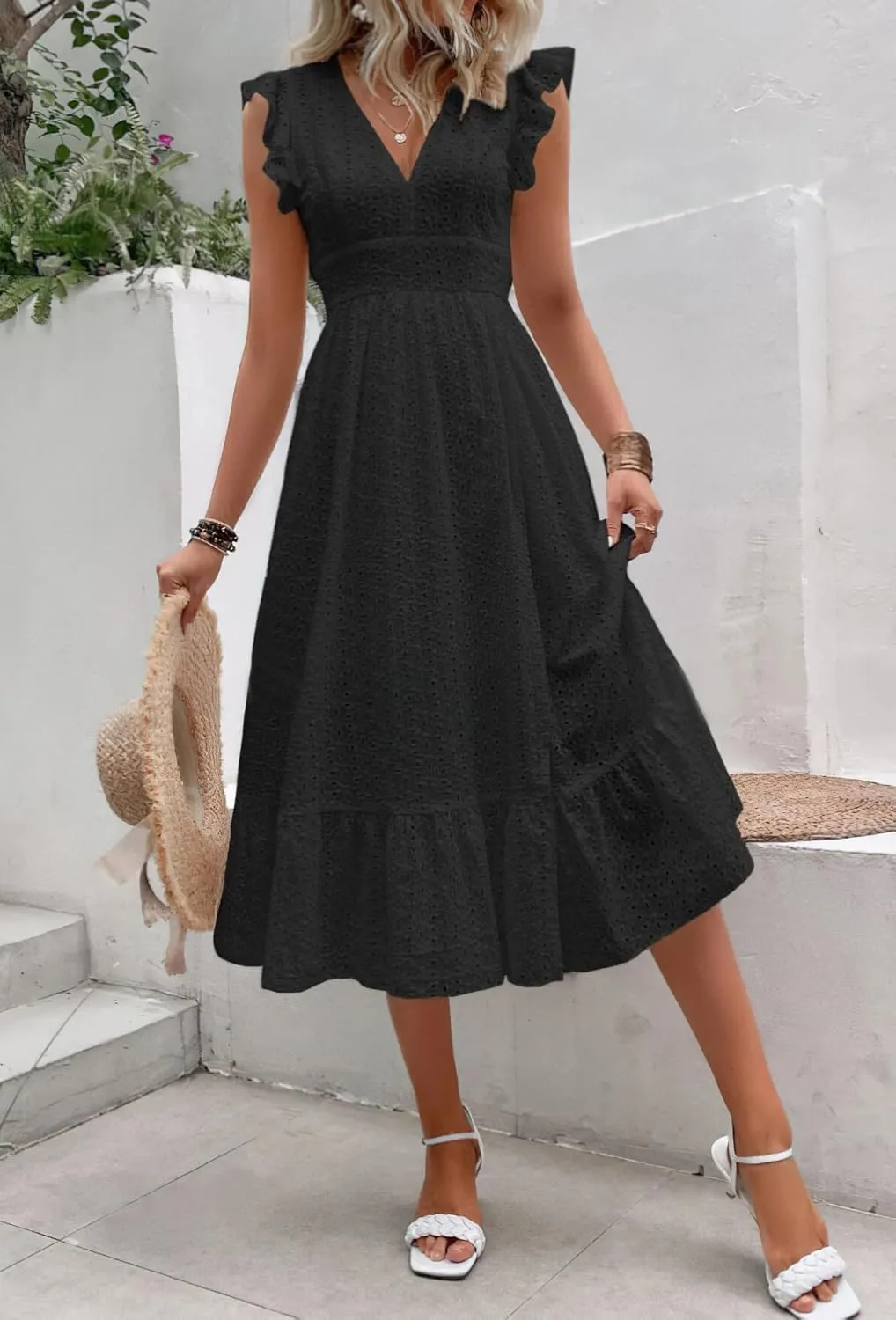 chouyatou Women's Summer Flutter Sleeve Embroidery Eyelet Lace Dress V-Neck A-Line Beach Sun Dress