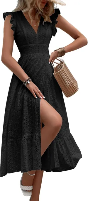 chouyatou Women's Summer Flutter Sleeve Embroidery Eyelet Lace Dress V-Neck A-Line Beach Sun Dress