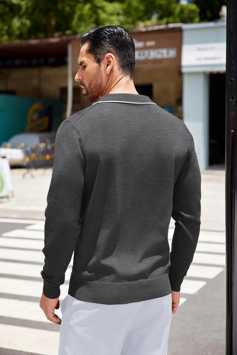 COOFANDY Mens Knit Polo Long Sleeve Collared Sweater Polo Business Casual Polos with Pocket