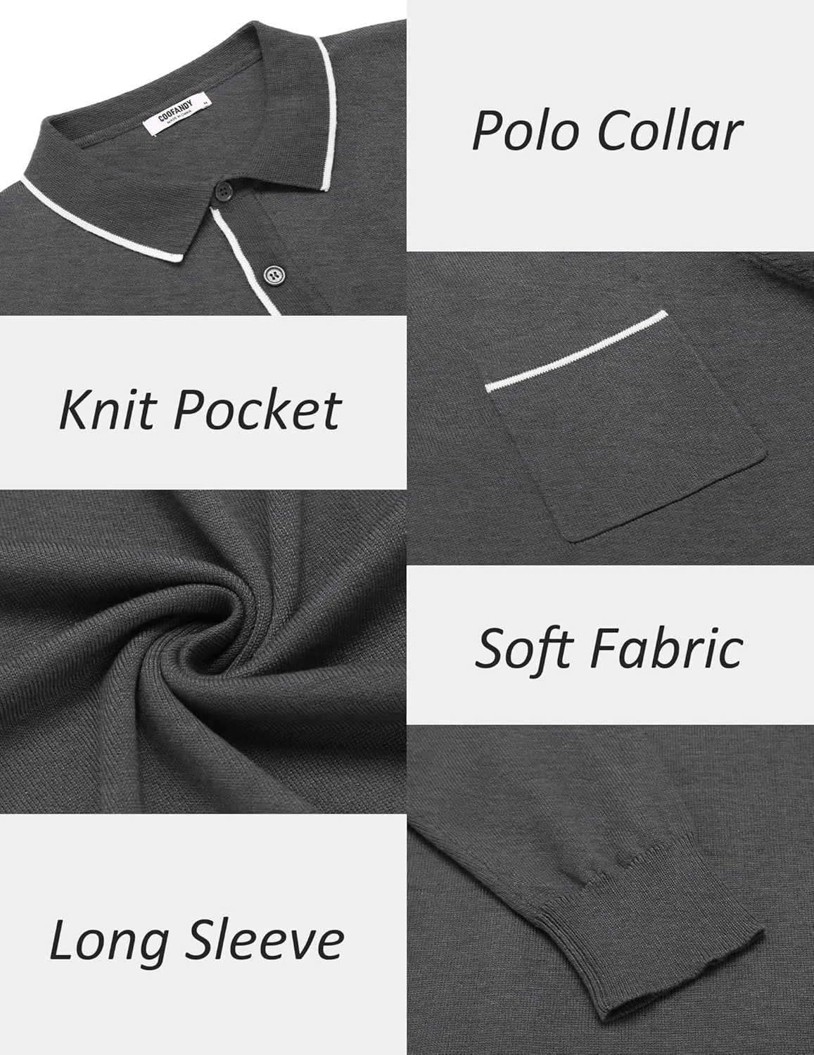 COOFANDY Mens Knit Polo Long Sleeve Collared Sweater Polo Business Casual Polos with Pocket