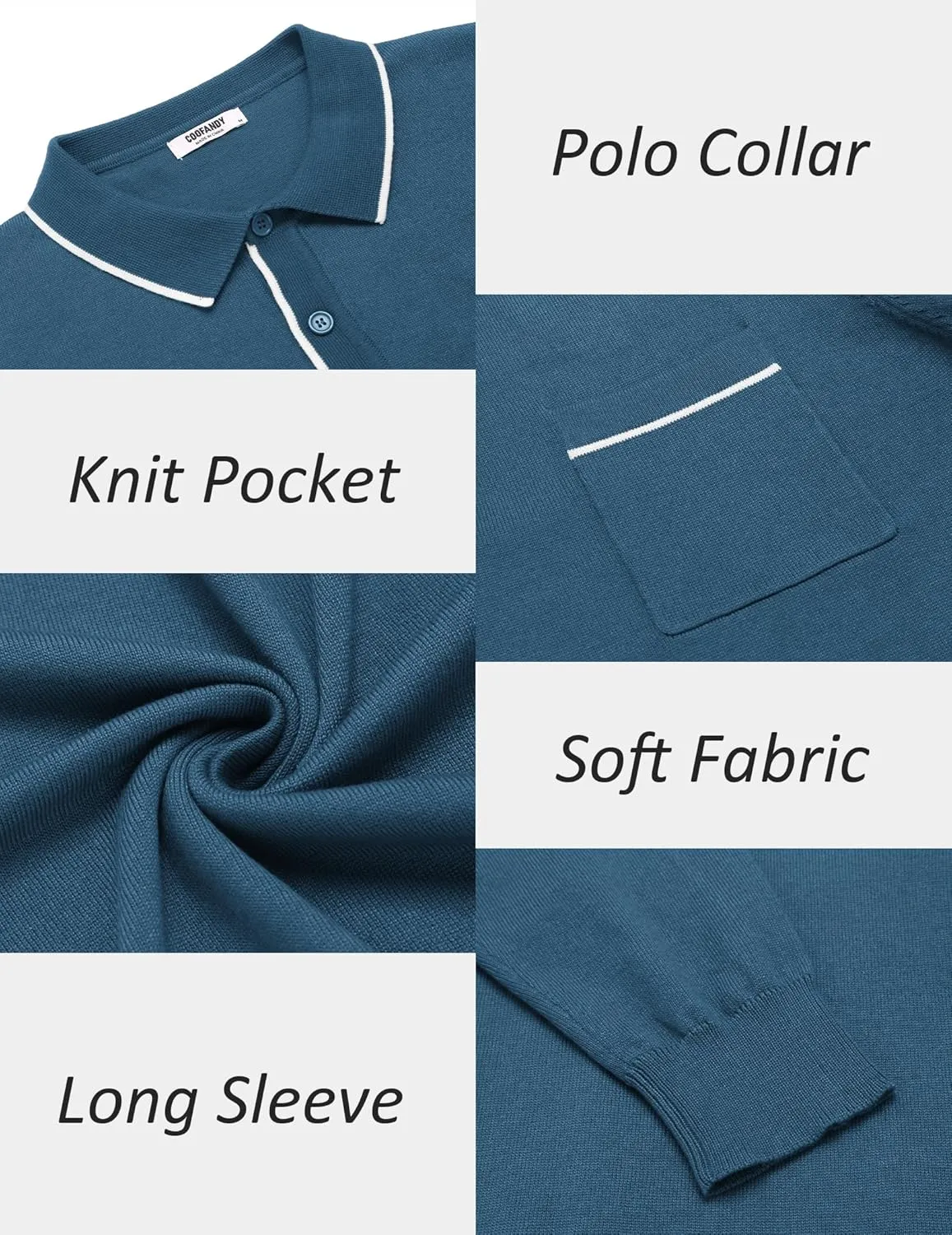 COOFANDY Mens Knit Polo Long Sleeve Collared Sweater Polo Business Casual Polos with Pocket