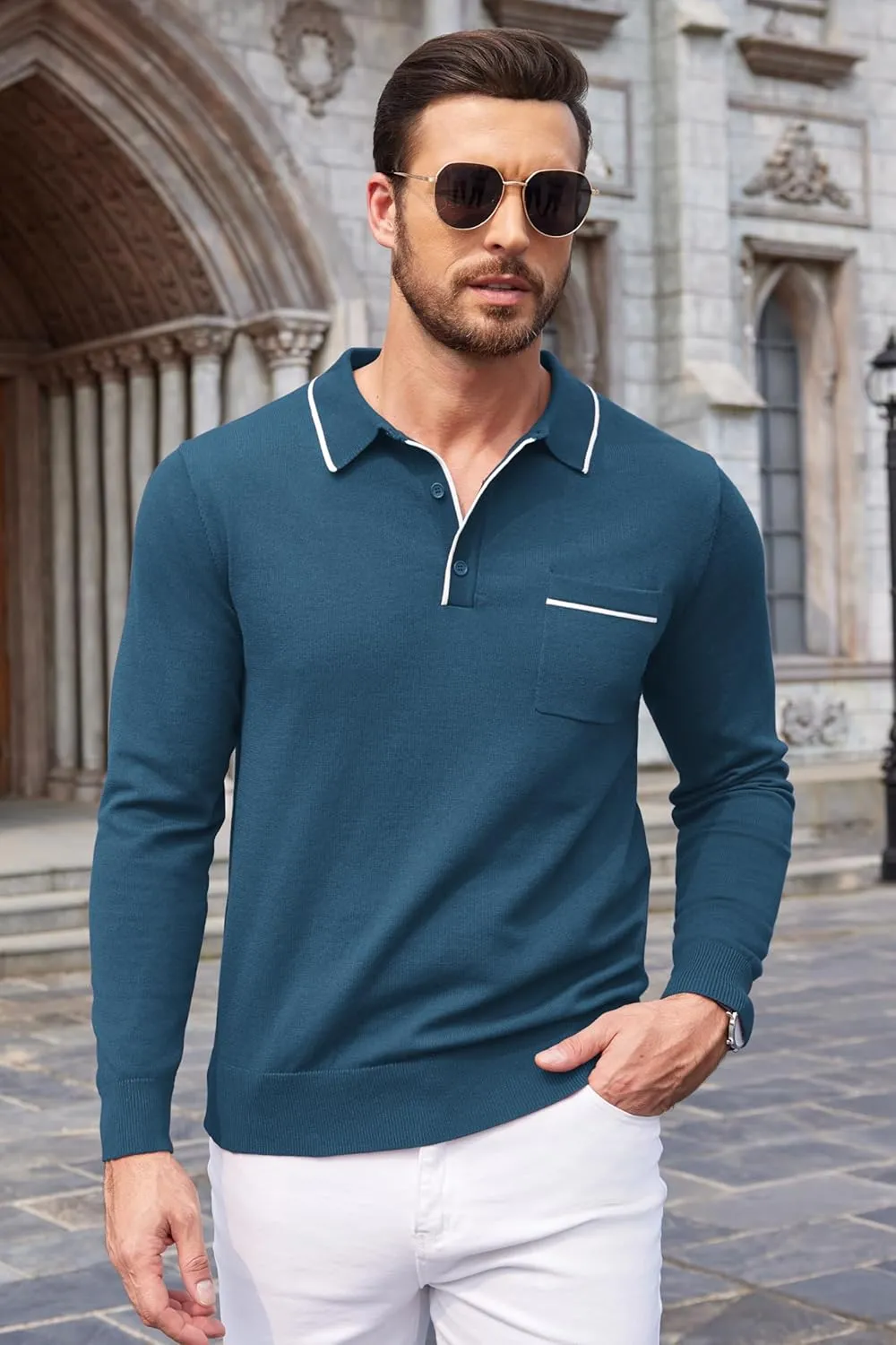 COOFANDY Mens Knit Polo Long Sleeve Collared Sweater Polo Business Casual Polos with Pocket