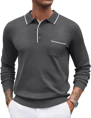 COOFANDY Mens Knit Polo Long Sleeve Collared Sweater Polo Business Casual Polos with Pocket