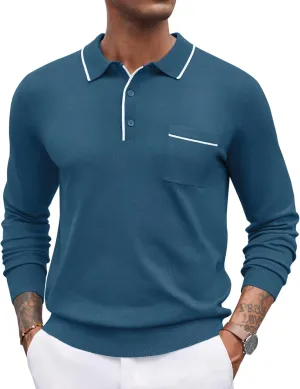 COOFANDY Mens Knit Polo Long Sleeve Collared Sweater Polo Business Casual Polos with Pocket