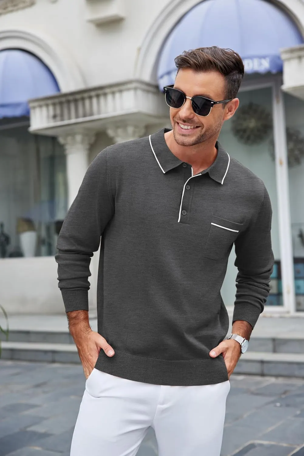 COOFANDY Mens Knit Polo Long Sleeve Collared Sweater Polo Business Casual Polos with Pocket