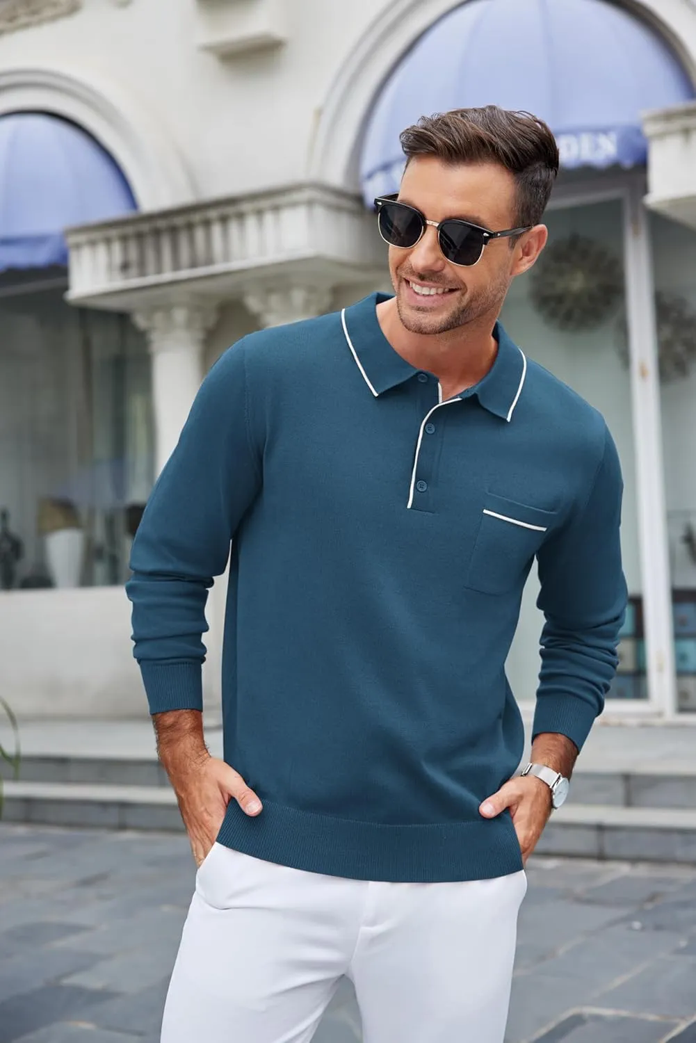 COOFANDY Mens Knit Polo Long Sleeve Collared Sweater Polo Business Casual Polos with Pocket