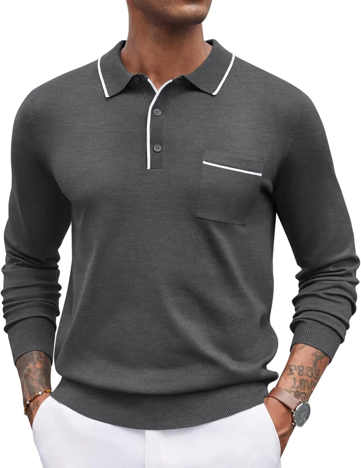 COOFANDY Mens Knit Polo Long Sleeve Collared Sweater Polo Business Casual Polos with Pocket