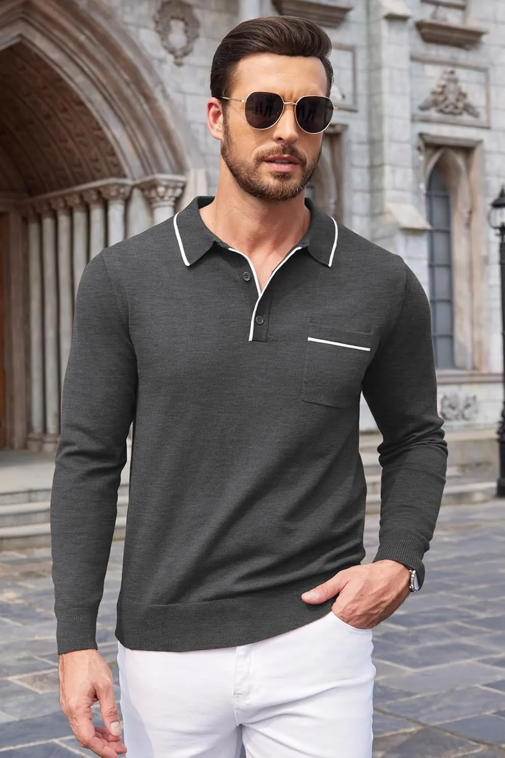 COOFANDY Mens Knit Polo Long Sleeve Collared Sweater Polo Business Casual Polos with Pocket