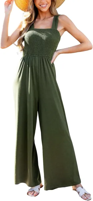 CUPSHE Women's Jumpsuits Square Neck Smocked Wide Leg Overall Sleeveless Outfit Casual Beach