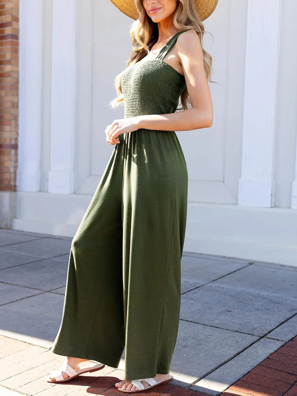 CUPSHE Women's Jumpsuits Square Neck Smocked Wide Leg Overall Sleeveless Outfit Casual Beach