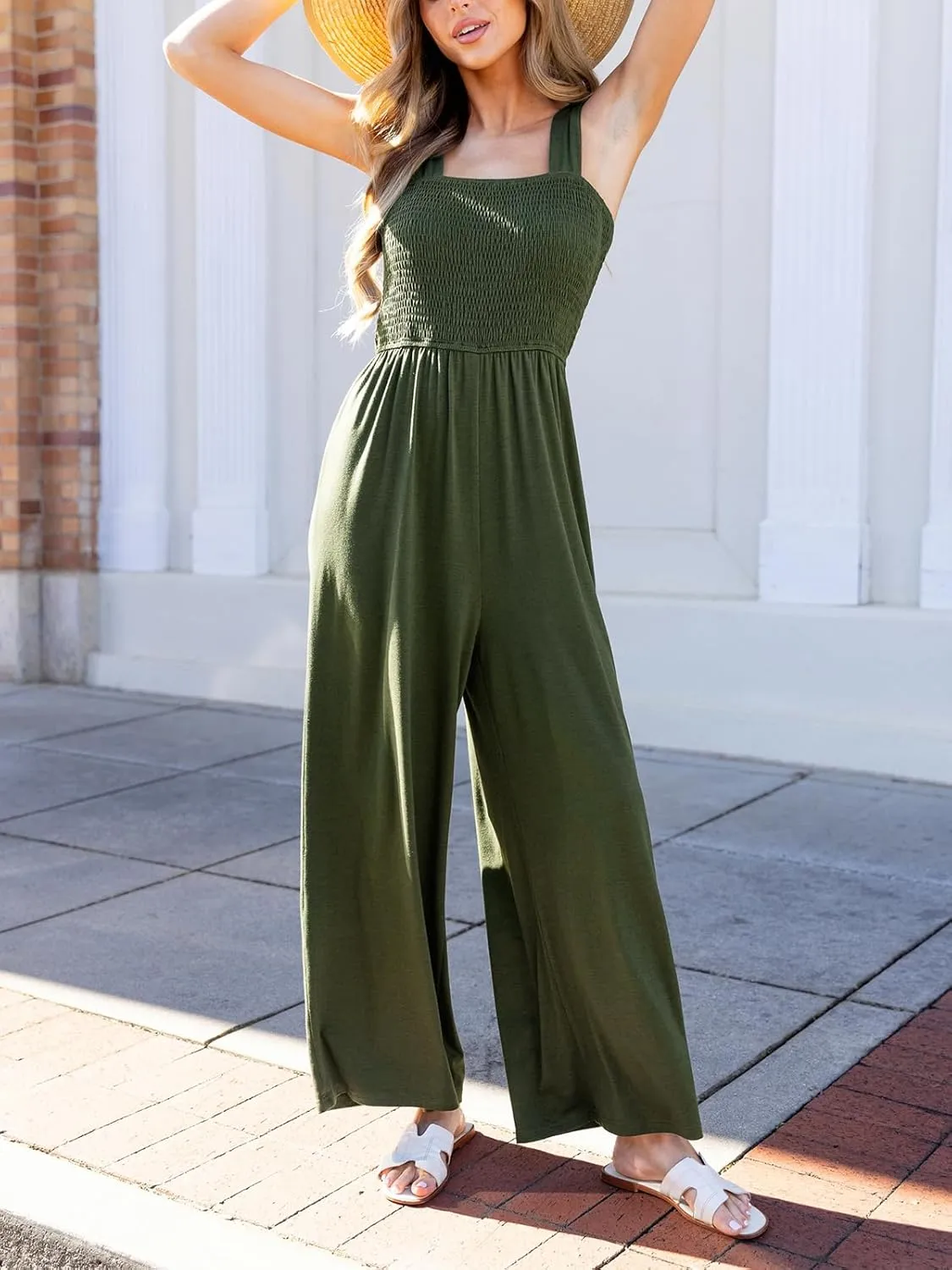 CUPSHE Women's Jumpsuits Square Neck Smocked Wide Leg Overall Sleeveless Outfit Casual Beach