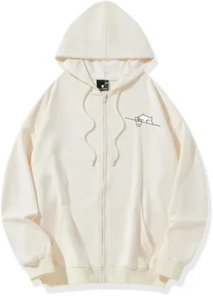 Cute Cat Graphic Zip Up Hoodies for Teen Girls Women Kawaii Aesthetic Lightweight Hooded Sweatshirts Jackets Tops