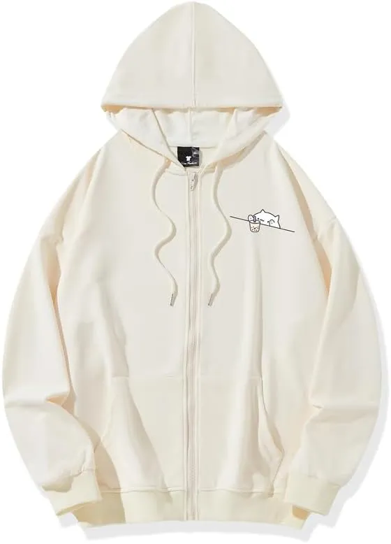 Cute Cat Graphic Zip Up Hoodies for Teen Girls Women Kawaii Aesthetic Lightweight Hooded Sweatshirts Jackets Tops