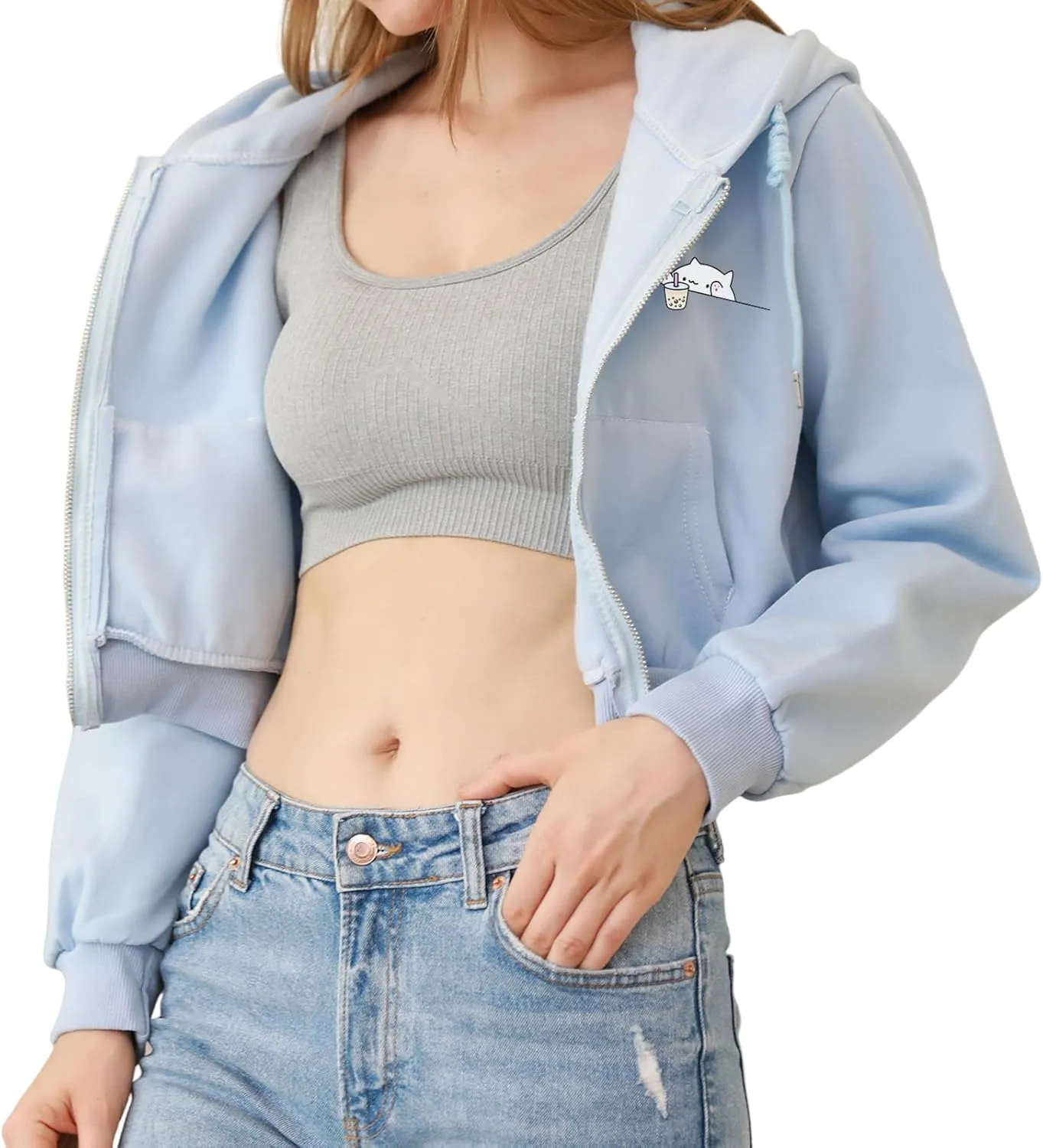 Cute Cropped Zip Up Hoodie for Teen Girls Cartoon Cat Graphic Kawaii Aesthetic Pockets Hooded Sweatshirts Jackets