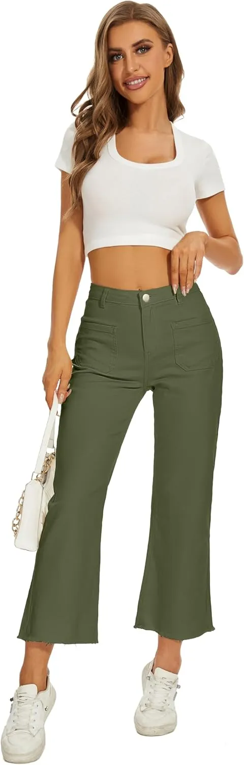 Denim Women Cropped Trousers Jeans Pants Leg Jeans High Rise Pants Stretchy with Pockets
