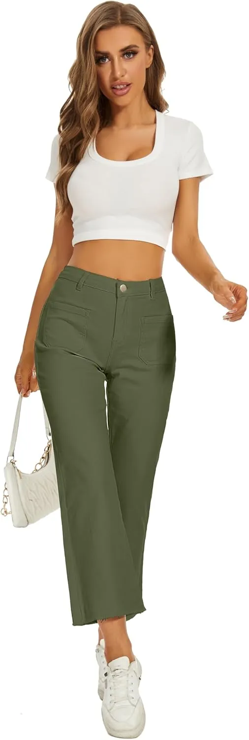 Denim Women Cropped Trousers Jeans Pants Leg Jeans High Rise Pants Stretchy with Pockets
