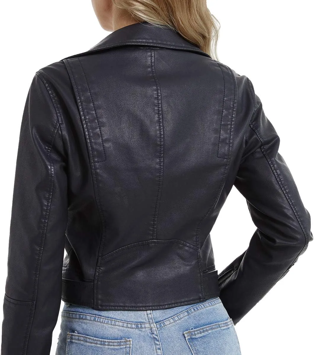 DIASHINY Faux Leather Jacket For Women Crop Short Cropped PU Slim Zip Up Moto Biker Coat Motorcycle Jackets